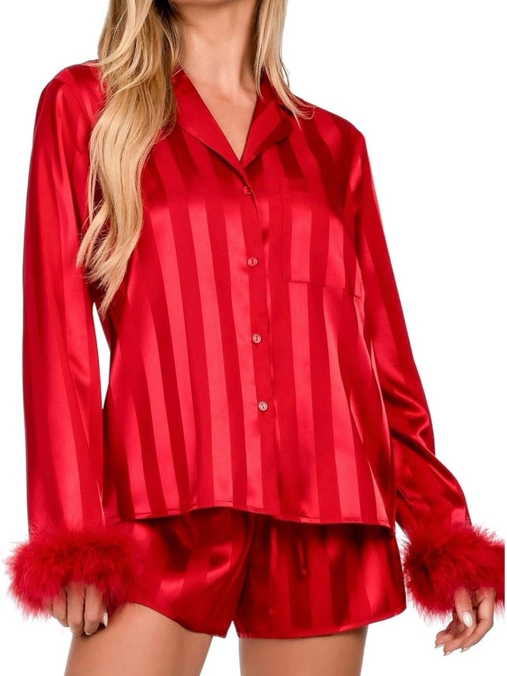 Women's Satin Red Striped Pajama Set with Feather Cuffs